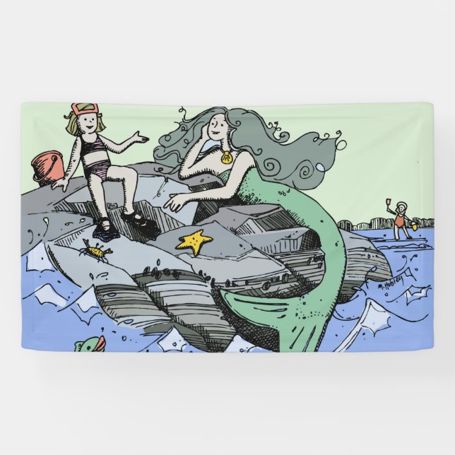 Mermaid coastal cute cartoon beach child art banner (Horizontal)