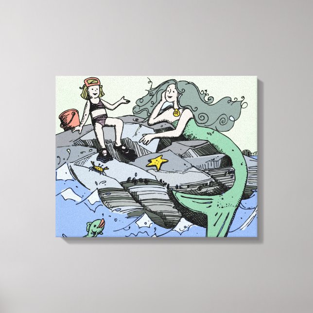 Mermaid coastal cute cartoon beach child art canvas print (Front)