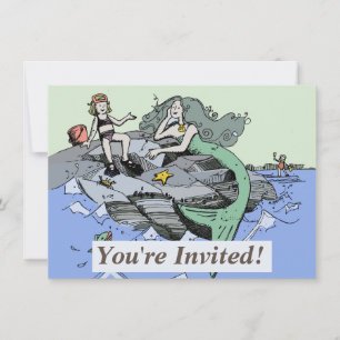 Mermaid coastal cute cartoon beach child art invitation