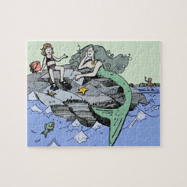 Mermaid coastal cute cartoon beach child art jigsaw puzzle (Horizontal)