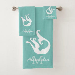 Mermaid coastal Teal Blue White Beach Bath Towel Set
