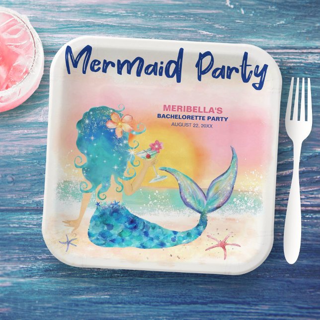 Mermaid Cocktail Tropical Beach Bachelorette Party Paper Plate (Creator Uploaded)