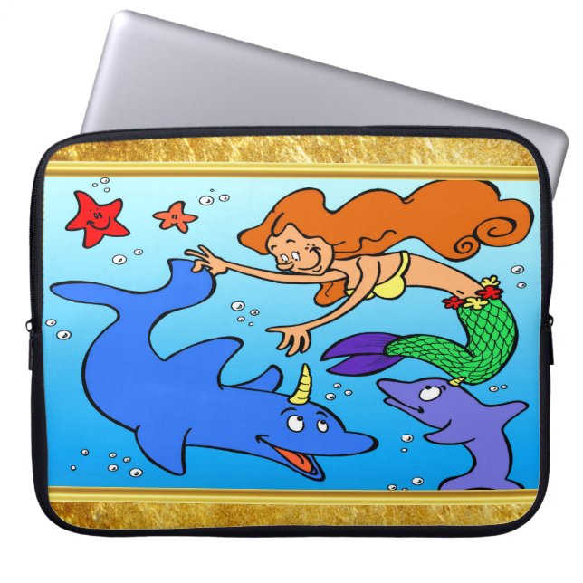 Mermaid comic ocean underwater dolphin work of art laptop sleeve (Front)