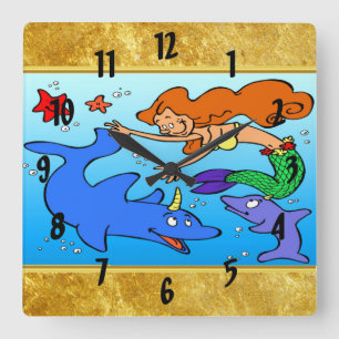 Mermaid comic ocean underwater dolphin work of art square wall clock