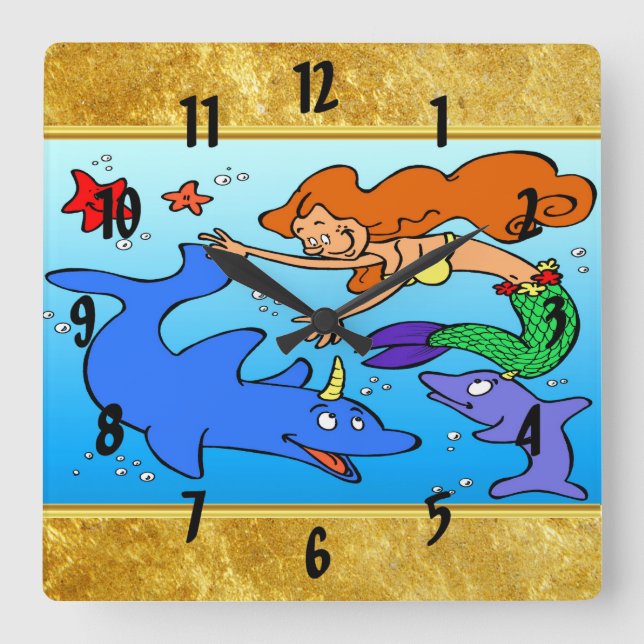 Mermaid comic ocean underwater dolphin work of art square wall clock (Front)