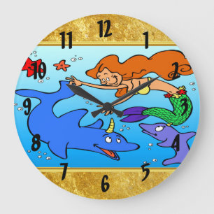 Mermaid comic sea underwater dolphin work of art 1 large clock