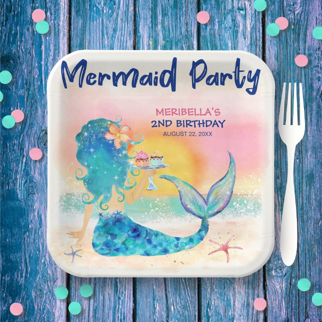 Mermaid Cupcakes Tropical Beach Girl's Birthday Paper Plate (Creator Uploaded)