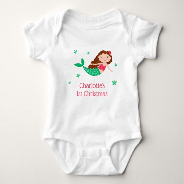 Mermaid Cute 1st Christmas White Baby Bodysuit (Front)
