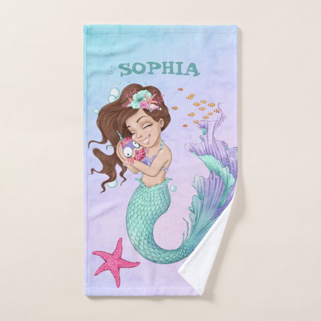 Mermaid Cute Blue Dark Hair Starfish Personal  Bath Towel Set (Hand Towel)