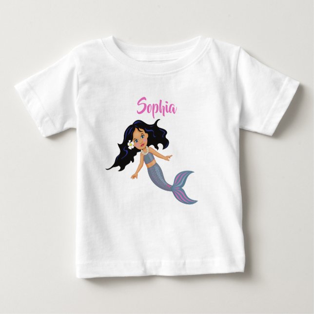 Mermaid Cute Dark Hair Pink Girly Personal Name Baby T-Shirt (Front)