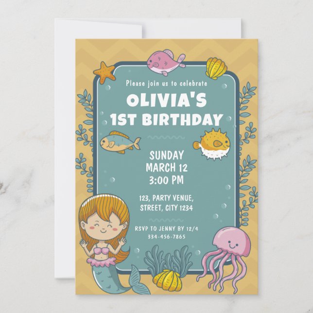 Mermaid Cute Girls 1st Birthday Party  Invitation (Front)