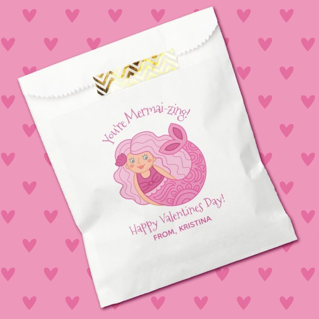 Mermaid Cute Kids Valentines Day Favour Bag (A cute Valentine's Day favor bag. Fill with treats for a classroom valentine exchange.)