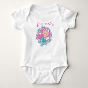 Mermaid Cute Little Girl Mermaid Pink Flowers Baby Bodysuit