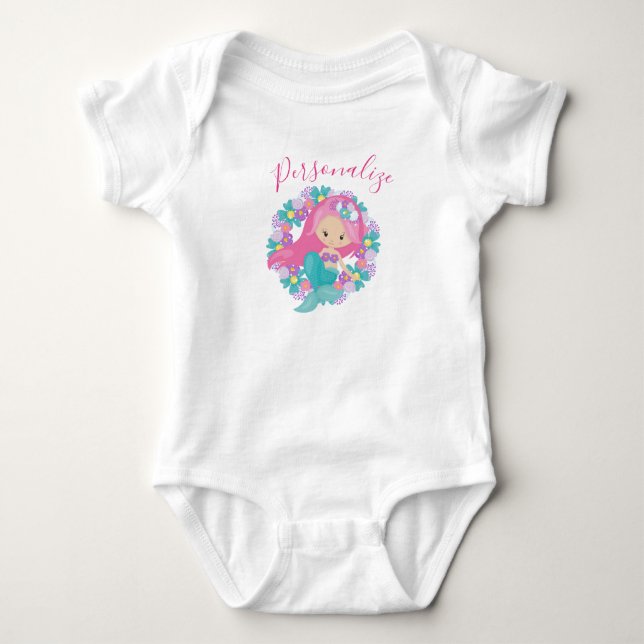 Mermaid Cute Little Girl Mermaid Pink Flowers Baby Bodysuit (Front)