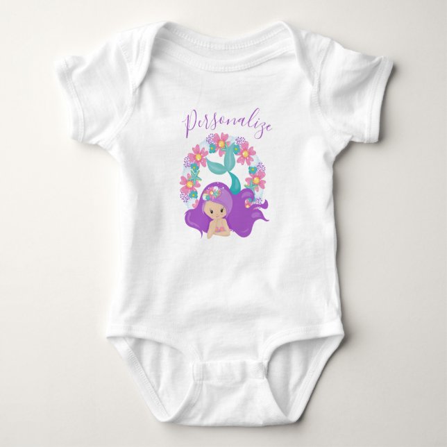 Mermaid Cute Little Girl Mermaid Purple Flowers Baby Bodysuit (Front)