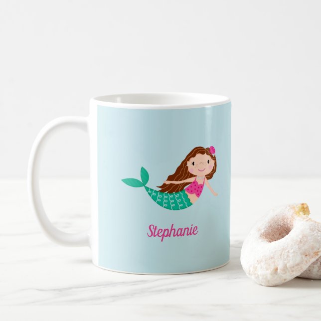 Mermaid Cute Personalised Blue Coffee Mug (With Donut)