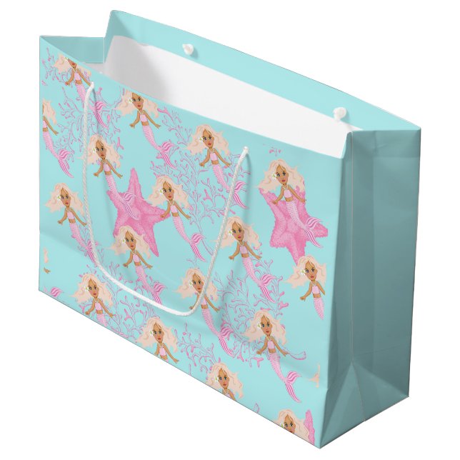 Mermaid Cute Pink Blue Under The Sea Birthday Large Gift Bag (Front Angled)