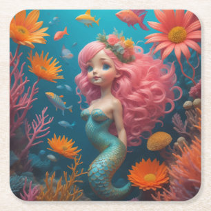 Mermaid Cute Pink Square Paper Coaster