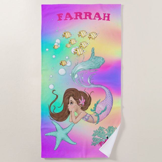 Mermaid Cute Rainbow Pink Starfish Dark Hair  Beach Towel (Front)