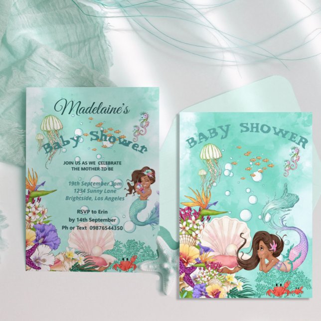 Mermaid Dark Hair Baby Shower Cute Green  Invitation (Creator Uploaded)