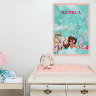 Mermaid Dark Hair Pink Starfish Cute Personal  Poster