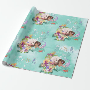 Mermaid Dark Hair Seahorse Star Fish Coral Wrapping Paper
