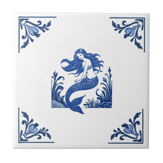 Mermaid Delft Blue and White Floral Corners Tile (Front)