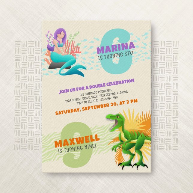 Mermaid Dinosaur Joint Double Birthday Invitation (Creator Uploaded)
