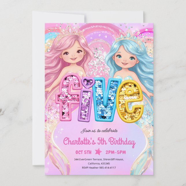 Mermaid Dive Into Five 5th Birthday Invitation (Front)