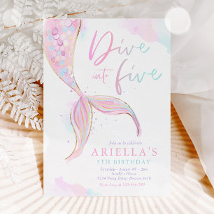 Mermaid Dive Into Five 5th Birthday Party  Invitation
