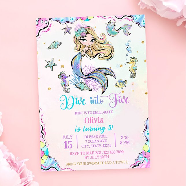 Mermaid Dive Into Five 5th Birthday Party Invitation (Creator Uploaded)