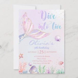 Mermaid Dive Into Five 5th Birthday Party Invitation