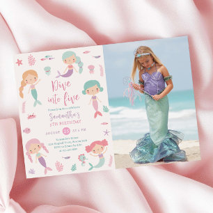 Mermaid Dive Into Five 5th Birthday Party Photo Invitation