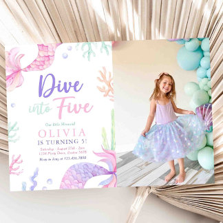 Mermaid Dive Into Five 5th Birthday Party Photo Invitation