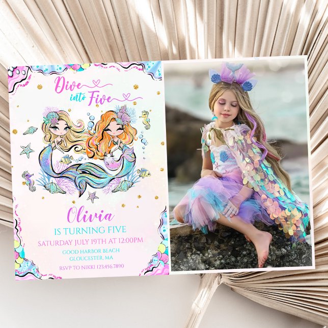 Mermaid Dive Into Five 5th Birthday Party Photo Invitation (Creator Uploaded)