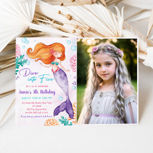 Mermaid Dive Into Five 5th Birthday Party Photo Invitation