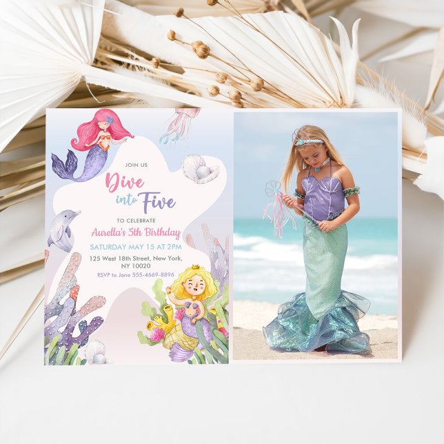 Mermaid Dive Into Five 5th Birthday Party Photo Invitation (Creator Uploaded)