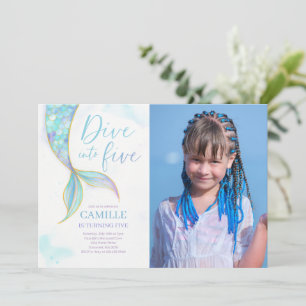 Mermaid Dive Into Five 5th Birthday Party Photo Invitation