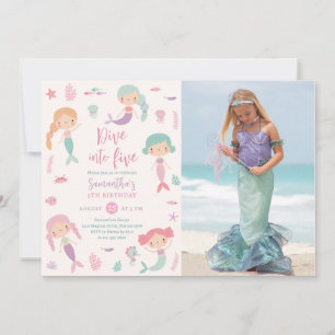 Mermaid Dive Into Five 5th Birthday Party Photo Invitation