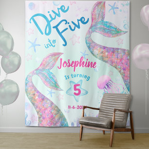 Mermaid dive into five 5th birthday welcome large tapestry