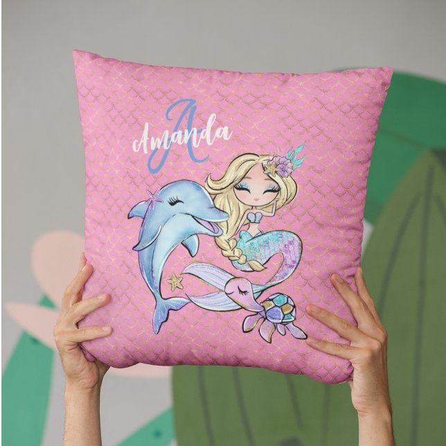 Mermaid Dolpin Pink Gold Monogram Girl Bedroom Cushion (Mermaid Custom Pink Gold Monogram Girl Bedroom Throw Pillow
)