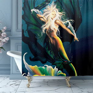 Mermaid Dragon Fantasy Blue Shower Curtain