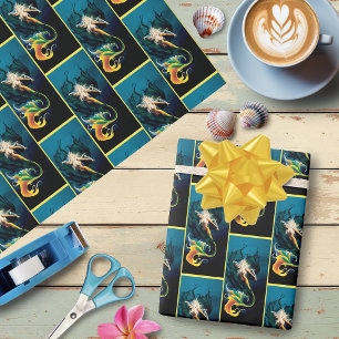 Mermaid Dragon Fantasy Blue Wrapping Paper