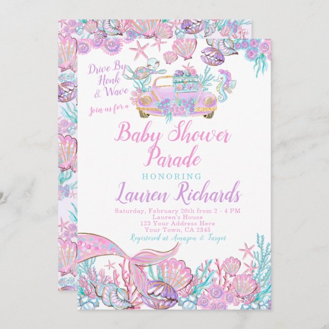 Mermaid Drive By Baby Shower Parade Invitation (Front/Back)