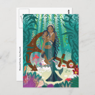 Mermaid Family (brown skin and eyes) Postcard
