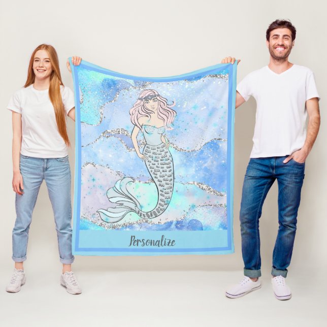 Mermaid Fantasy Beautiful Blue Ocean Glitter Fleece Blanket (In Situ)