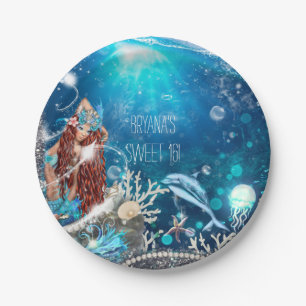 Mermaid Fantasy Red Head Enchanted Beach Party Paper Plate