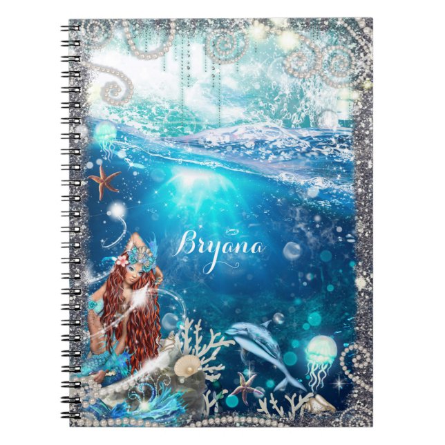 Mermaid Fantasy Red Head Enchanted Beach Spiral Notebook (Front)