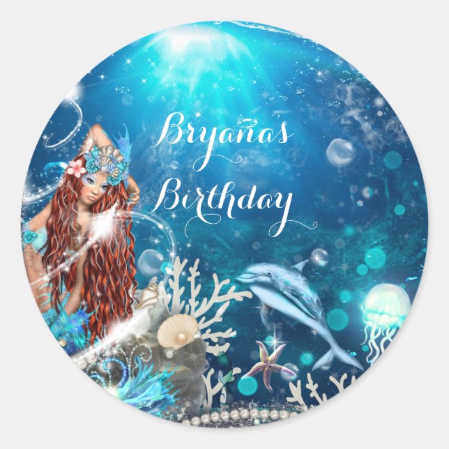 Mermaid Fantasy Red Head Enchanted Party Favour Classic Round Sticker (Front)