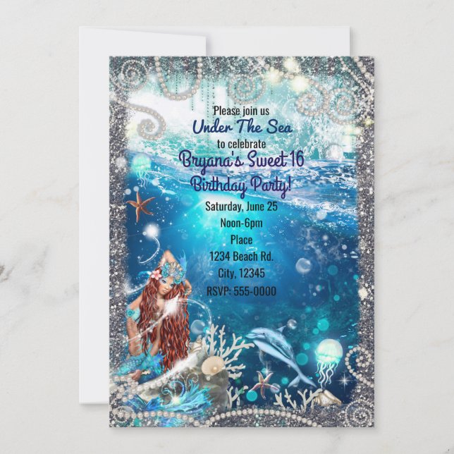 Mermaid Fantasy Red Head Enchanted Sea Sweet 16 Invitation (Front)